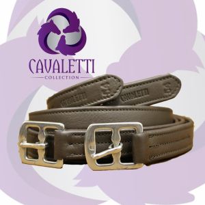 Close-up of a black leather Cavaletti Collection stirrup leather with tan stitching, embossed logo, and product tag.